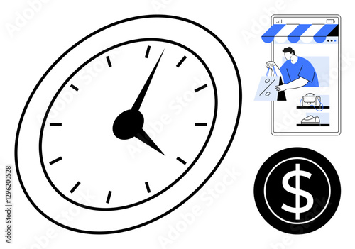 Clock with black face, person shopping online on smartphone, and dollar coin icon. Ideal for time management, e-commerce, budgeting, productivity, online business, time efficiency financial
