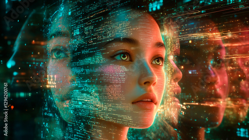 Futuristic woman with digital holographic interface