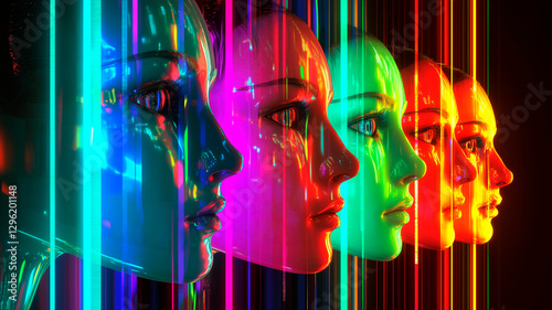 Futuristic digital faces with neon reflections