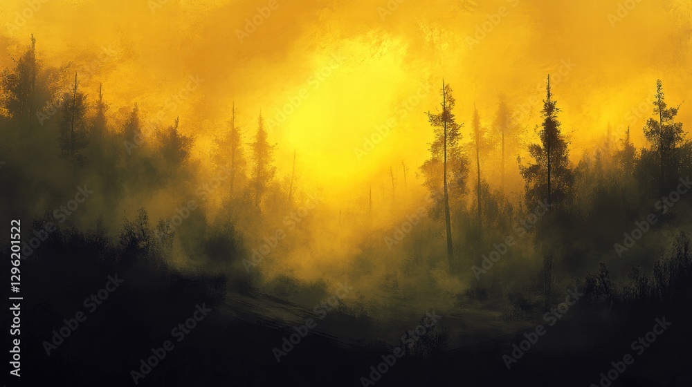 Obraz premium Golden Hour Forest Misty Pines Sunrise Landscape
