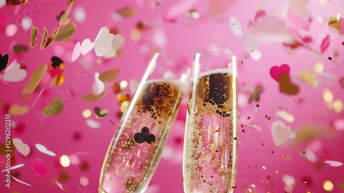 Two glasses of champagne with hearts and confetti falling around them.