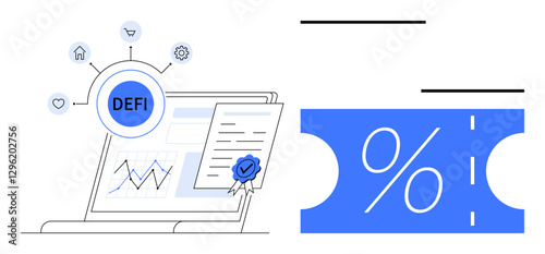 Digital finance graphics with laptop displaying charts, document with certified seal, and percentage sign on coupon. Ideal for fintech, blockchain, decentralized finance, economy, investment, data