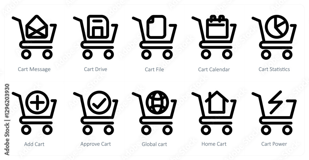 A set of 10 cart icons as cart message, cart drive, cart file A set of 10 cart icons as cart message, cart drive, cart file