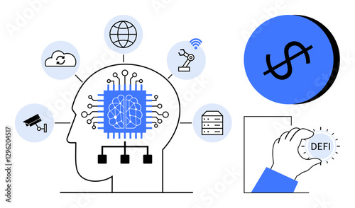 Human head with AI microchip surrounded by icons representing internet, cloud, robotics, security, database, and DeFi coin. Ideal for AI, technology, connectivity blockchain innovation automation