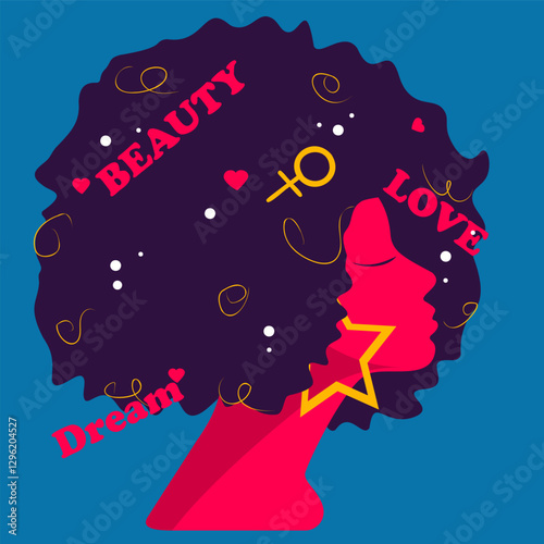 retro girl with a fluffy hairstyle and big earrings love dreams beauty illustration poster