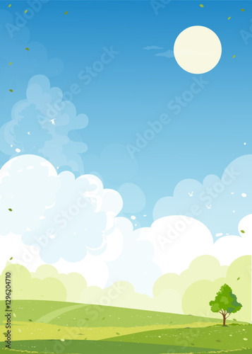 Spring landscape green grass field on mountain, blue sky, cloud background,Vertical peaceful rural nature in springtime with grass land.Cartoon vector illustration for Easter card,Summer banner