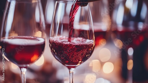 A ruby-hued torrent of crimson wine flowed from the slender neck of a dark bottle into delicate crystal glasses, a spectacle of sensory delight.