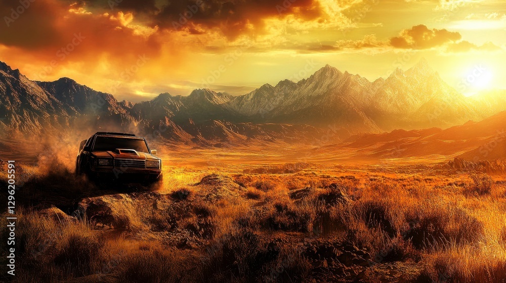 Fototapeta premium Rally Car Skimming Over High Desert Ridge