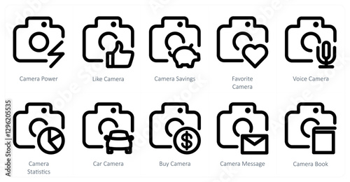 A set of 10 camera icons as camera power, like camera, camera savings