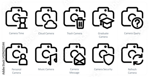 A set of 10 camera icons as camera time, cloud camera, trash camera