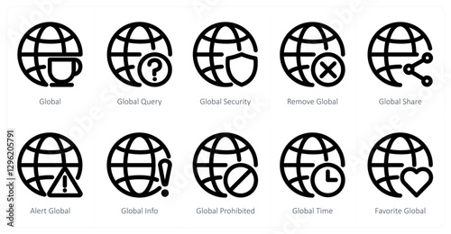 A set of 10 global icons as global, global query, global security