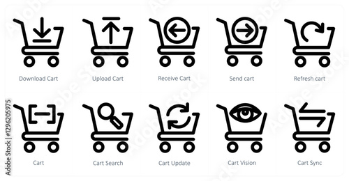 A set of 10 cart icons as download cart, upload cart, receive cart