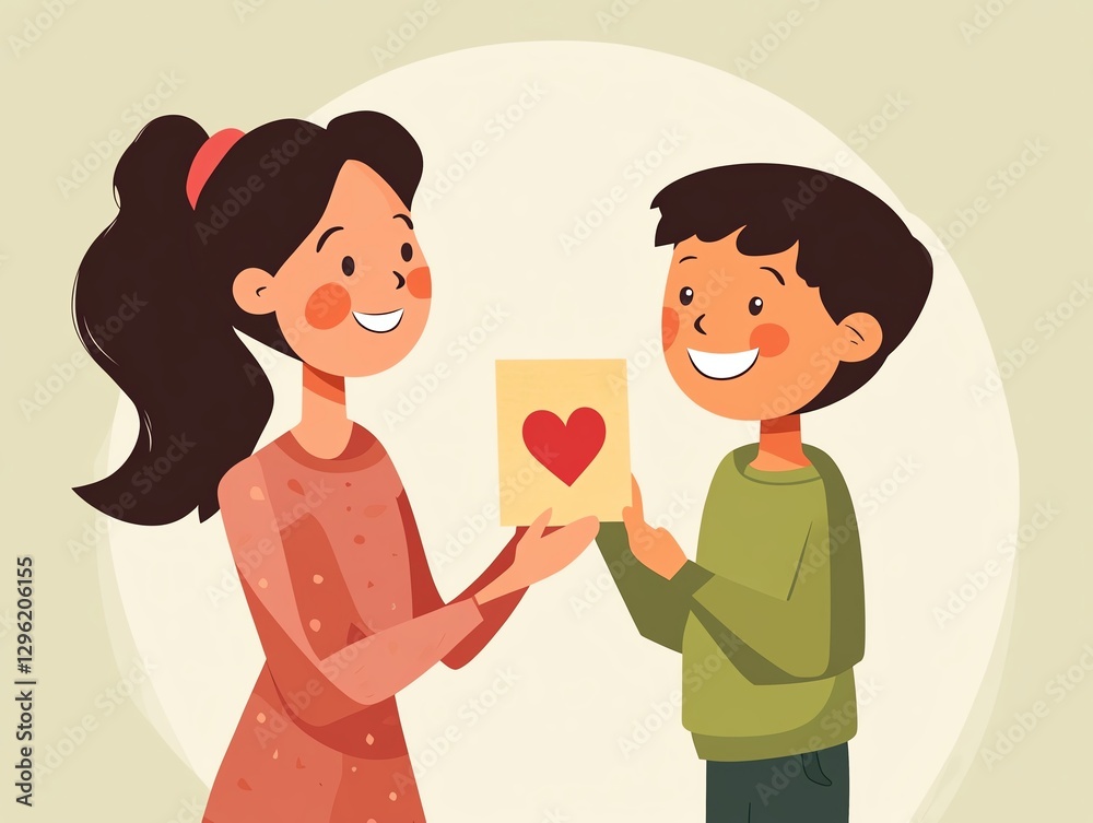 Flat design vector of a mother receiving a handmade card from her child Flat design vector of a mother receiving a handmade card from her child