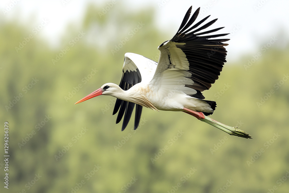 Obraz premium White stork in flight with natural green background, wildlife scene