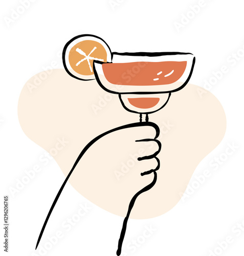 Hand holding party drink icon isolated. Cocktail glass raised. Hand drawn doodle outline vector