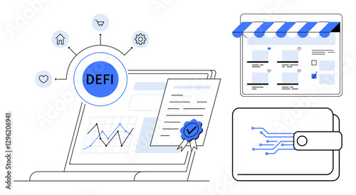 Laptop with financial graphs, smart contract certificate, online store, and digital wallet. Ideal for blockchain, fintech, smart contracts, eCommerce, financial analytics decentralized applications