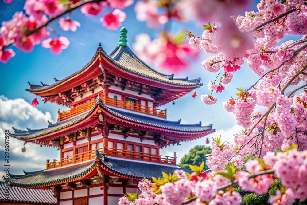 Delicate Oriental Cherry Blossoms Frame Elegant Asian Architecture Delicate Oriental Cherry Blossoms Frame Elegant Asian Architecture