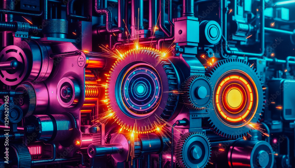 Detailed futuristic mechanical gears with neon lighting, representing AI-driven automation, robotics, and cyber technology. Detailed futuristic mechanical gears with neon lighting, representing AI-driven automation, robotics, and cyber technology.