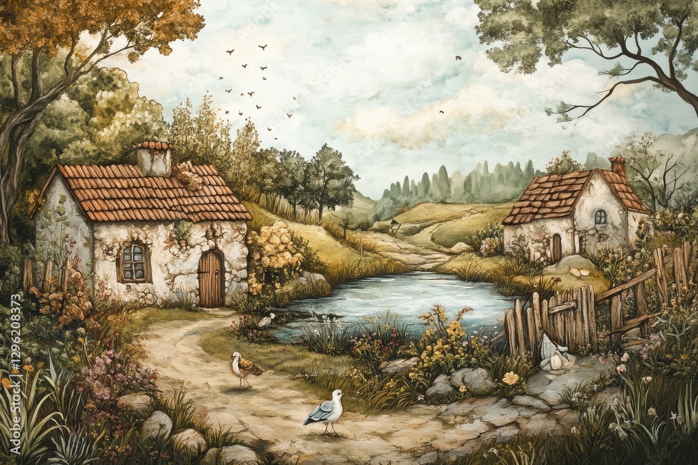 Obraz premium Quaint countryside village with charming cottages by a serene pond at twilight amidst lush greenery