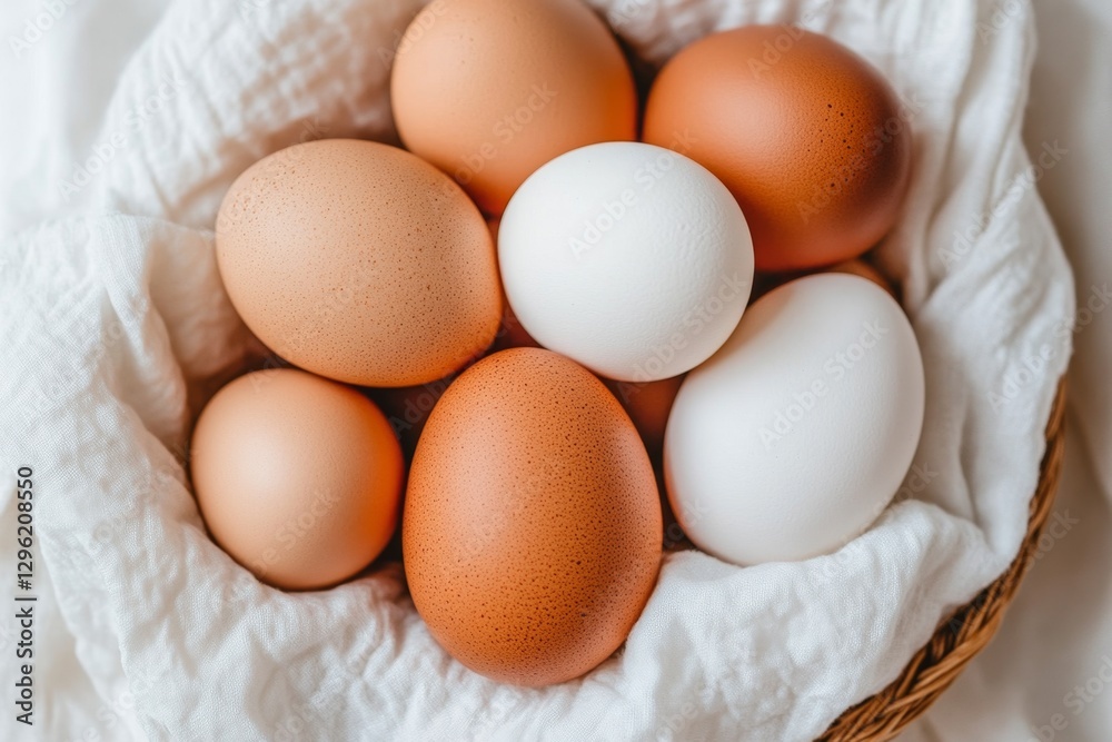 A basket of eggs on a white linen cloth, with eggs in different colors and sizes A basket of eggs on a white linen cloth, with eggs in different colors and sizes