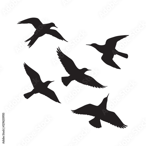 Flying birds silhouettes on white background. Vector illustration. isolated bird flying. tattoo and wallpaper background design. white Background