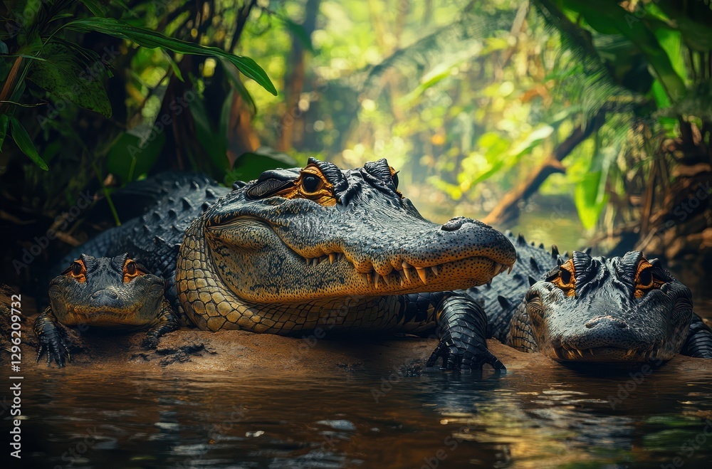 Obraz premium Three Alligators Resting on a Riverbank Surrounded by Lush Green Foliage in a Serene Tropical Environment