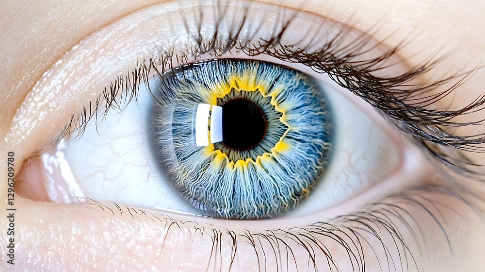 Fototapeta premium Close up Macro Shot of a Stunning Blue Eye with Yellow Iris and Long Eyelashes