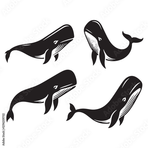 Abyssal Sperm Whale silhouette, roaming the dark waters - Sperm Whale illustration - Minimalist Sperm Whale vector - Fish silhouette

