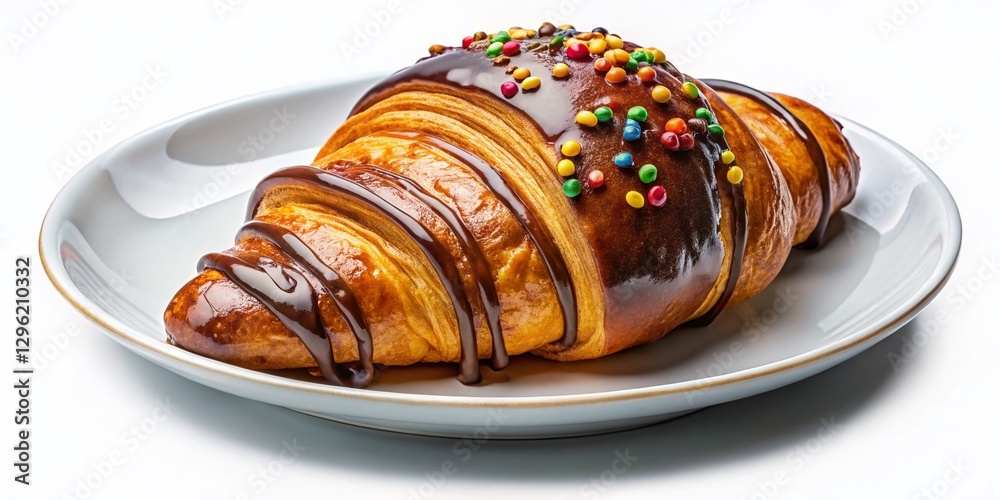 Fototapeta premium Delicious Chocolate Croissant Sprinkles Top View Isolated White Background