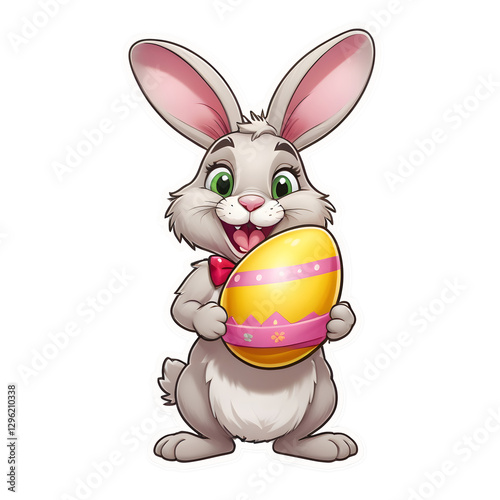 Sticker Illustration von einem Osterhase mit bemaltem Ei in den Armen.