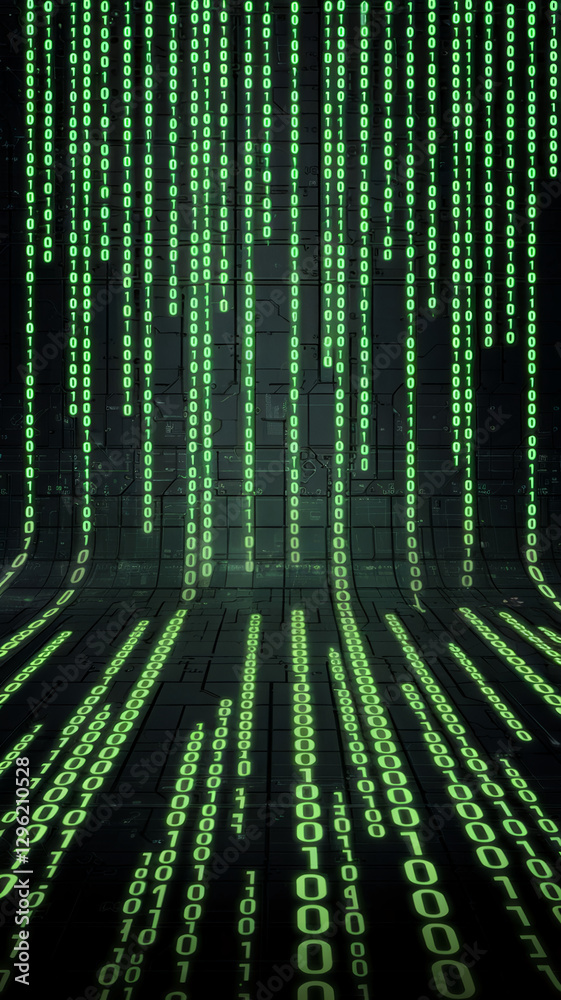 Futuristic digital background with flowing binary code and glowing lines, representing technology, data transfer, and digital networks Futuristic digital background with flowing binary code and glowing lines, representing technology, data transfer, and digital networks