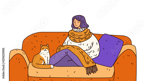 Woman relaxing on sofa with cat cozy scene warm colors home comfort orange and purple blanket scarf interior design template
