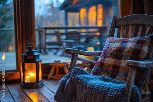 cozy farmhouse living room with a weathered rocking chair by a crackling fire soft plaid blankets golden lantern light rustic wooden beams cozy autumn evening charm