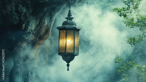 Enigmatic Lantern in Misty Cave