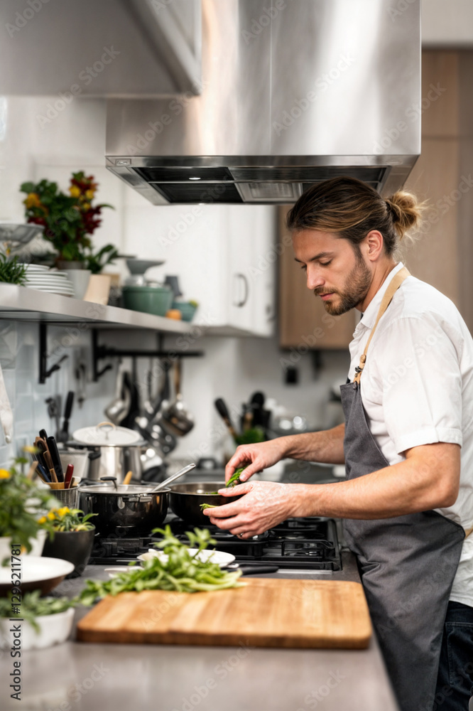 Chef preparing food in a kitchen with rustic decor. Chef preparing food in a kitchen with rustic decor.