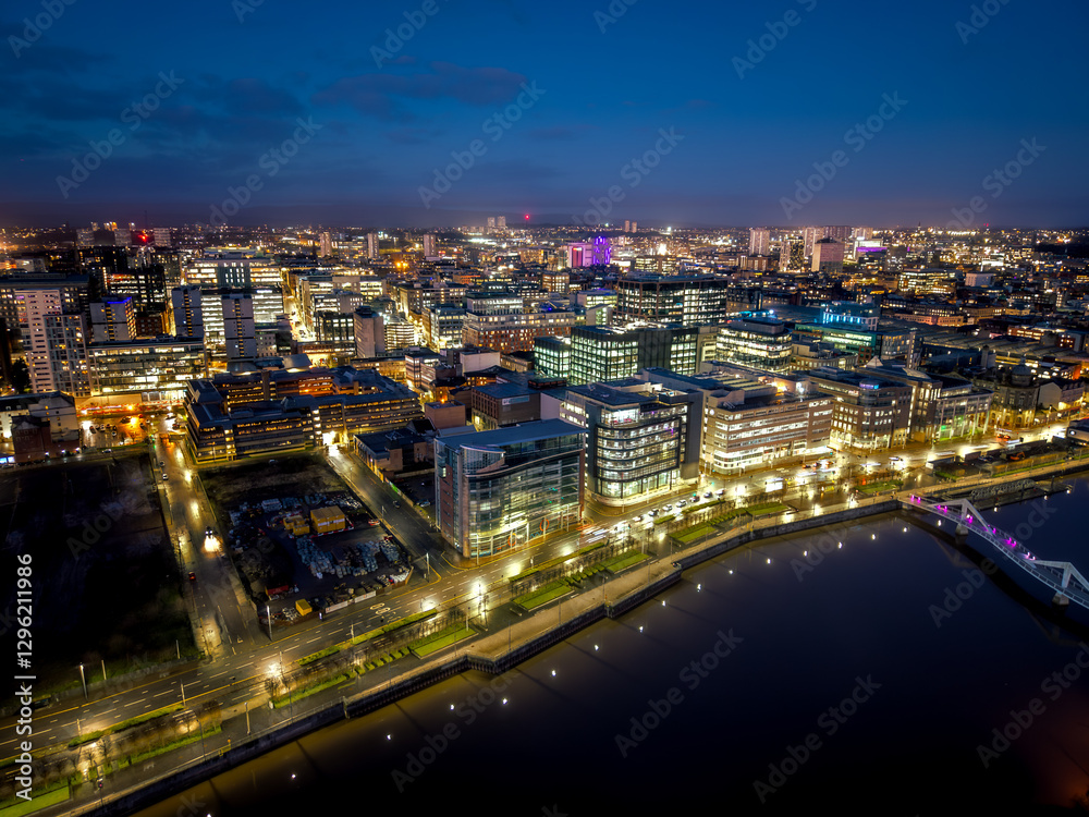 Fototapeta premium Night drone aerial drone illuminated downtown Glasgow city Scotland