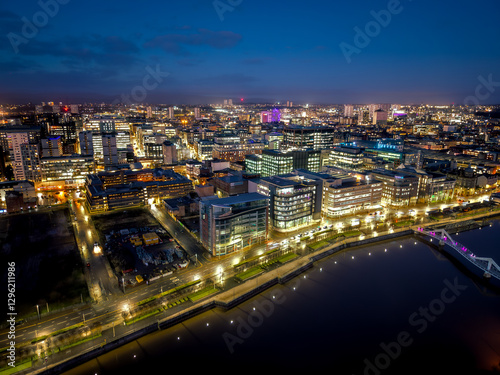 Night drone aerial drone illuminated downtown Glasgow city Scotland