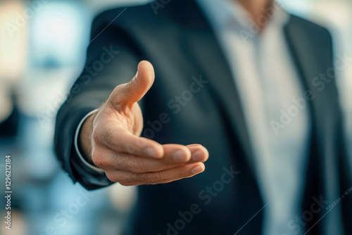 Businessman extending hand for handshake in professional setting, symbolizing partnership, agreement, and successful collaboration