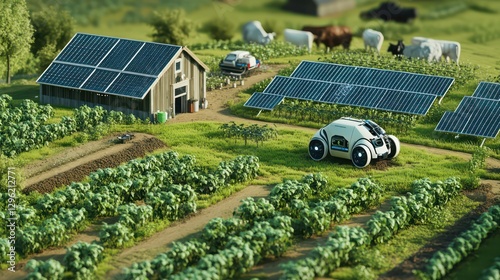 A farm with solar-powered irrigation and a robot assisting with planting and weeding, surrounded by green crops and a few cows.