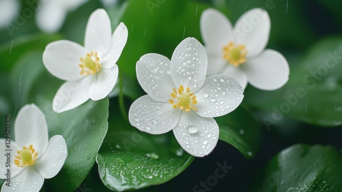Early spring concept. Delicate white flowers adorned with raindrops, set against lush green foliage, create a serene and refreshing atmosphere.