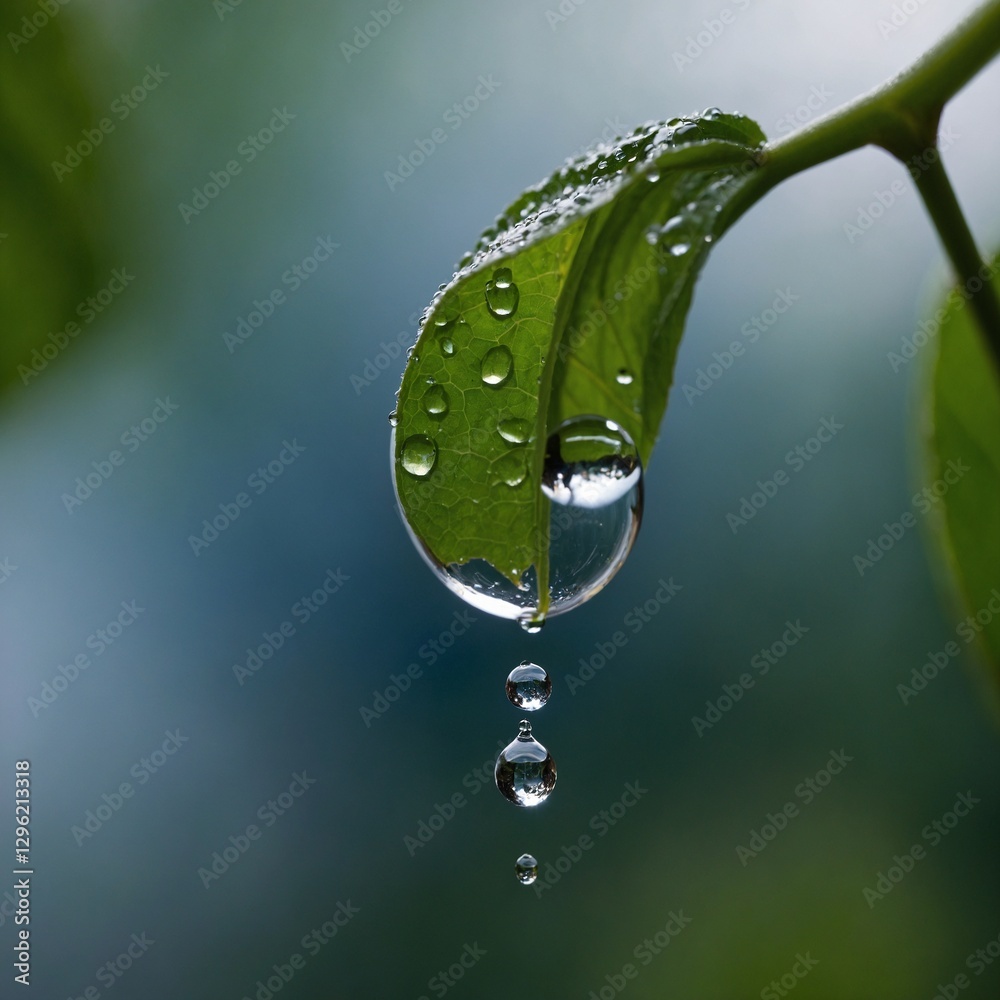 A single droplet of water hanging from a leaf tip, reflecting a tiny world inside. A single droplet of water hanging from a leaf tip, reflecting a tiny world inside.