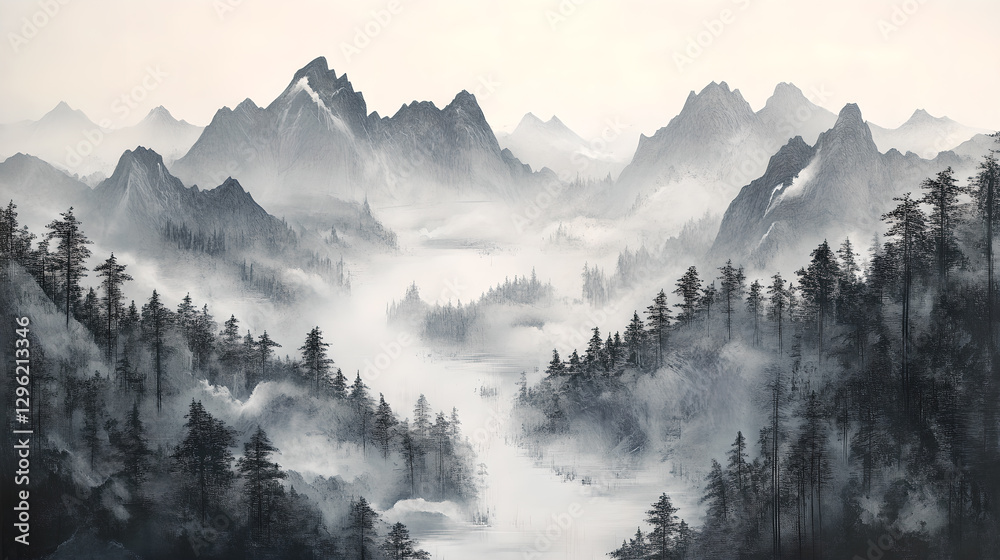 Obraz premium Ink-wash Mountains and Forests