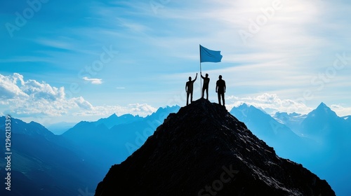Three triumphant individuals stood atop a majestic mountain peak, their silhouettes framed against the vibrant blue of the sky, as a proud flag of victory billowed proudly in the gentle breeze,