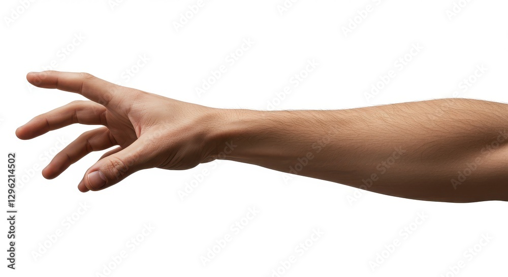 Human hand, extended arm, reaching gesture, skin texture, tendons visible, neutral background, studio lighting, high detail, photorealistic, isolated on white Human hand, extended arm, reaching gesture, skin texture, tendons visible, neutral background, studio lighting, high detail, photorealistic, isolated on white