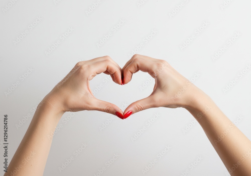 hands forming heart shape, feminine, manicured nails with red polish, pale skin tone, white background, love symbol, gesture of affection, minimalist hands forming heart shape, feminine, manicured nails with red polish, pale skin tone, white background, love symbol, gesture of affection, minimalist