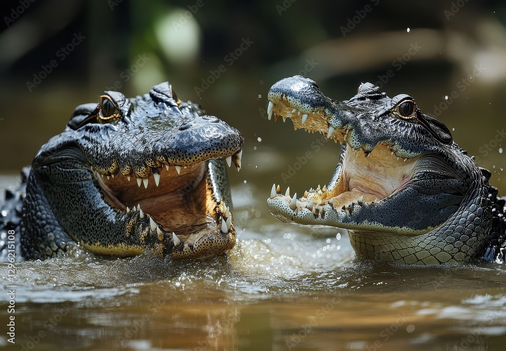 Obraz premium Two Alligators Displaying Powerful Jaws in a River Environment with Water Splashes and Lush Greenery in the Background