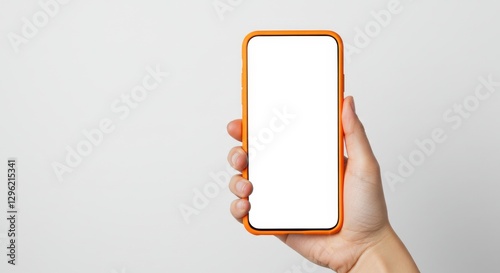 Hand holding smartphone, blank white screen, orange phone case, minimalist design, isolated on white background, product showcase, modern technology