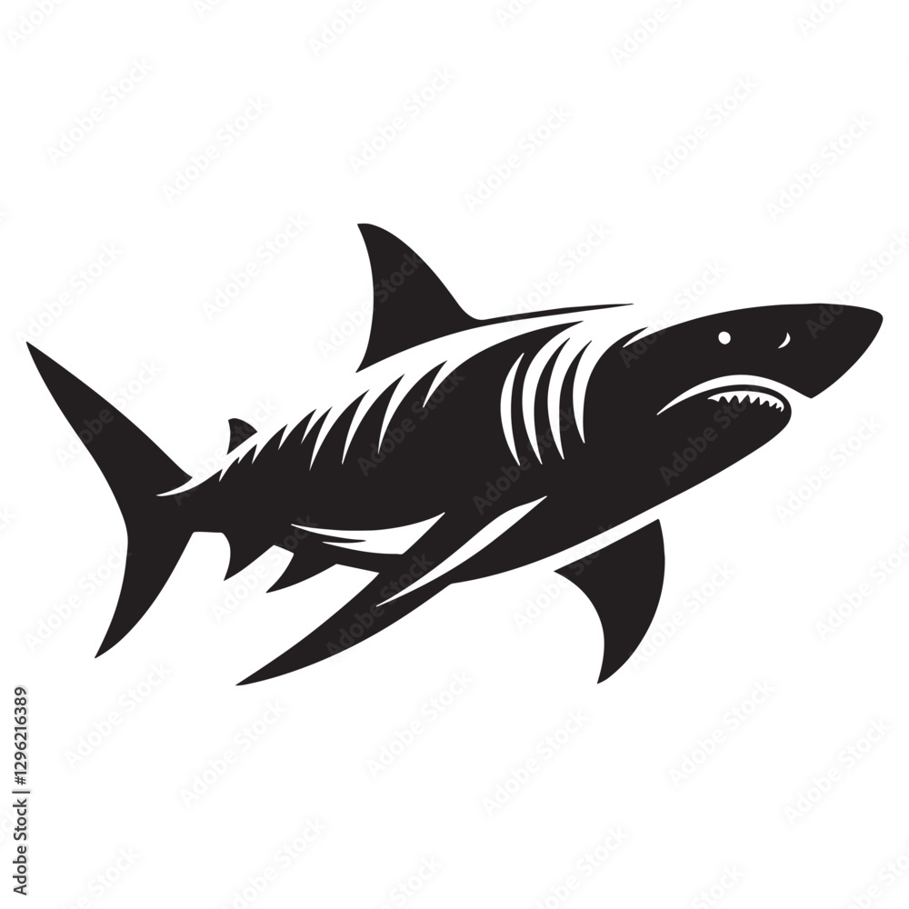 Obraz premium Legendary Tiger Shark silhouette, a feared force of the sea - Tiger Shark illustration - Minimalist Tiger Shark vector - Fish silhouette 