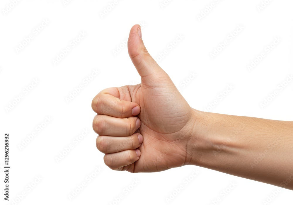 Hand gesture, thumbs up, close-up, positive affirmation, skin texture, human anatomy, white background, studio lighting, simple composition Hand gesture, thumbs up, close-up, positive affirmation, skin texture, human anatomy, white background, studio lighting, simple composition