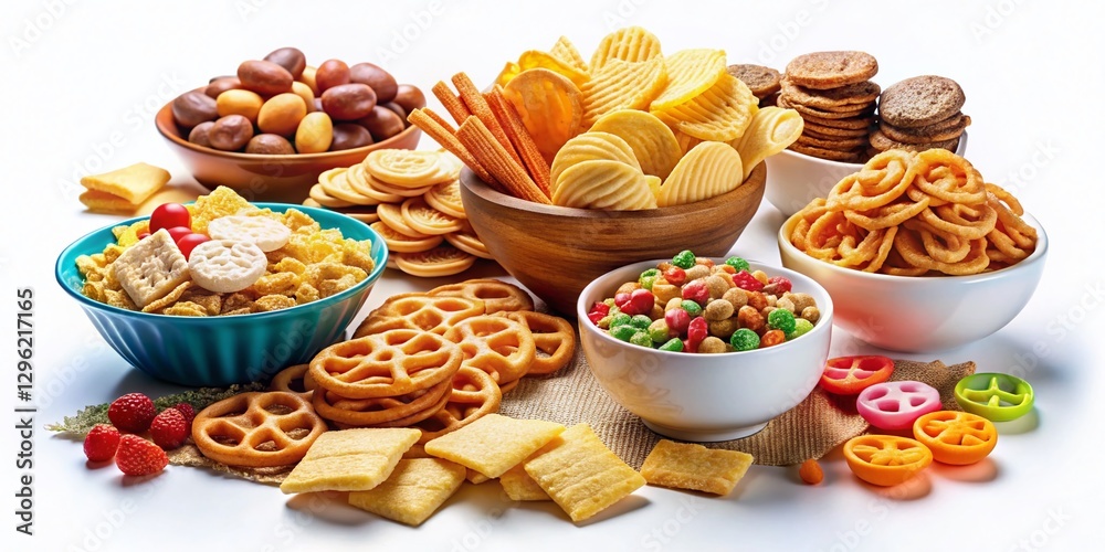 Delicious Snack Collection: Assorted Chips, Crackers, and Sweets Isolated on White Delicious Snack Collection: Assorted Chips, Crackers, and Sweets Isolated on White